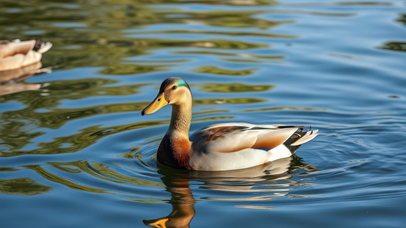 Ducks swimming in tranquil water surrounded by nature during a sunny day in a serene park setting